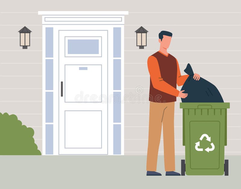 Człowiek zabiera śmieci i odpady z gospodarstw domowych do pojemników na recykling. czarna plastikowa torba do sortowania odpadów. ilustracji