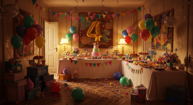 Cálida sala de fiestas de cumpleaños con pasteles y globos foto de archivo
