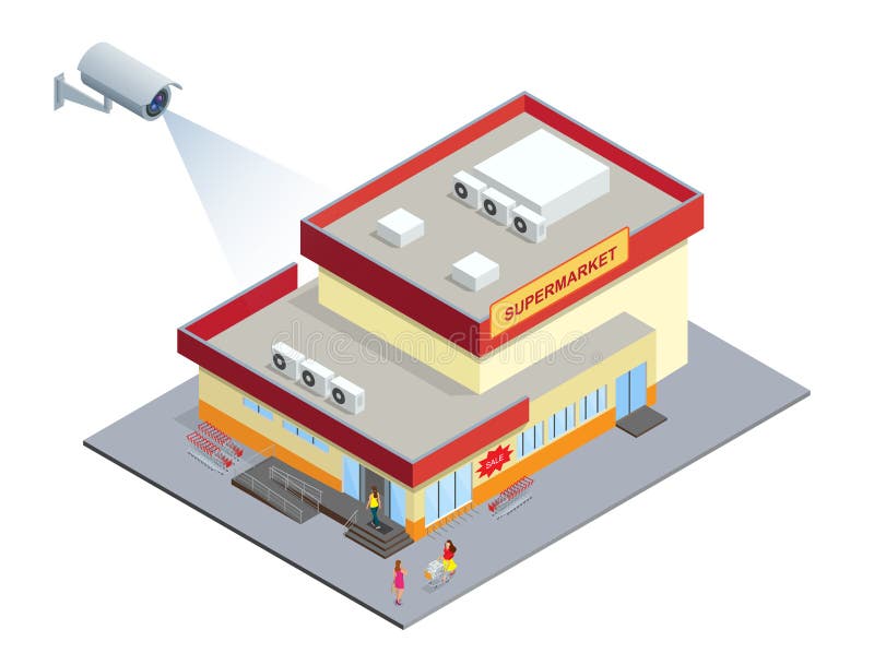 Cámara de seguridad del CCTV en el ejemplo isométrico del supermercado ejemplo isométrico del vector 3d libre illustration Cámara de seguridad del CCTV en el ejemplo isométrico del supermercado ejemplo isométrico del vector 3d libre illustration