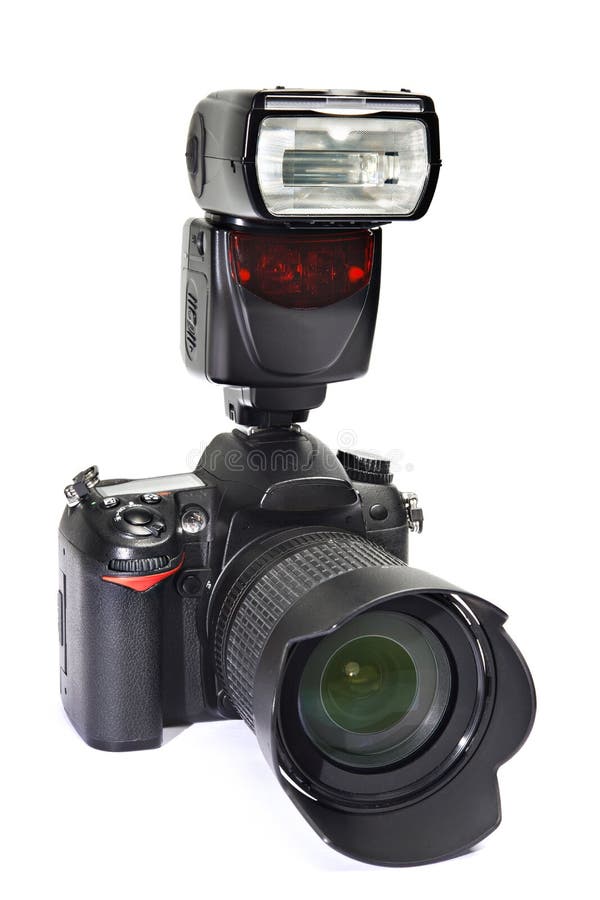 Cámara, lente y flash de DSLR foto de archivo libre de regalías Cámara, lente y flash de DSLR foto de archivo libre de regalías