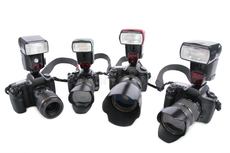 Cameras with flashes on a white background in half circle. Cameras with flashes on a white background in half circle