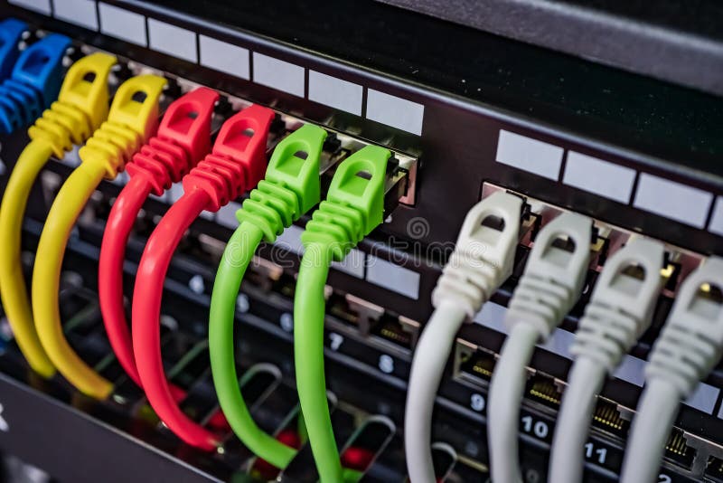 Câbles Ethernet colorés de télécommunication colorée reliés au commutateur dans l'Internet Data Center