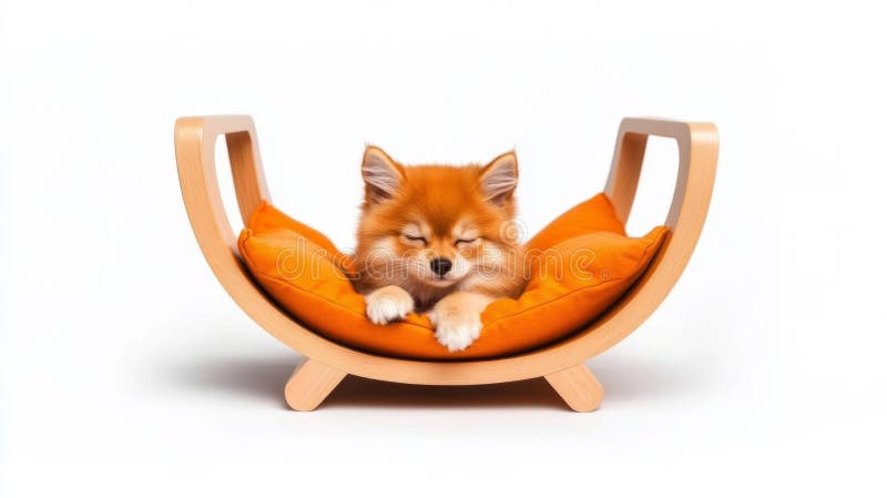 Câinele pomeranian drăguț dormind în Designer Pet Hammock pe fond alb stock illustration