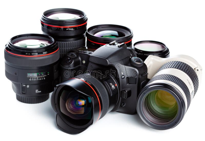 Câmera e lentes fotografia de stock royalty free Câmera e lentes fotografia de stock royalty free