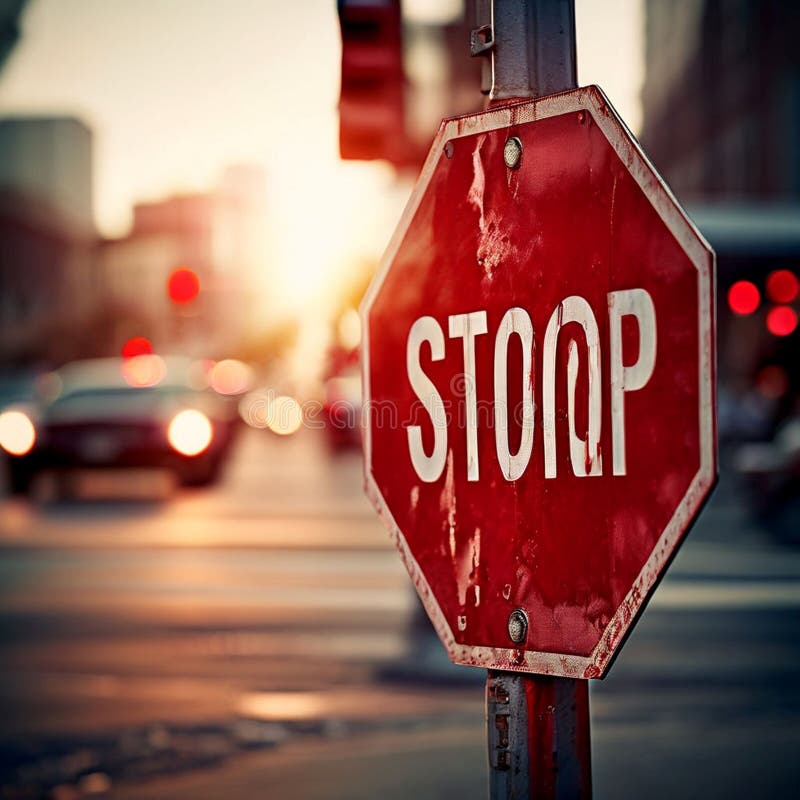A câmera focalizou um sinal de stop com a lente da câmera refletindo fotografia de stock