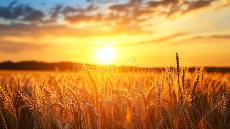 Câmp generativ AI Grâu de aur sub un apus maiestuos, cu un concept colorat de afaceri și orizont. stock illustration