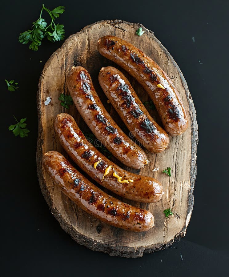 Cârnați la grătar placați pe placă de lemn rustic cu ierburi proaspete pentru grătar gustos stock illustration