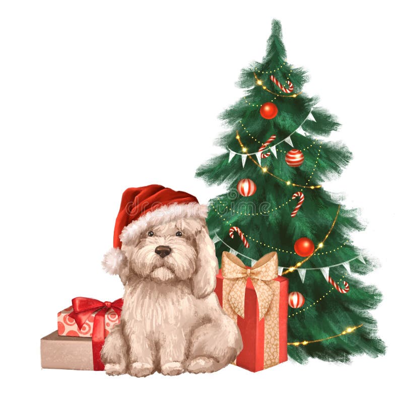 Cães com aboboreira e presentes. cartão de natal. ilustração stock