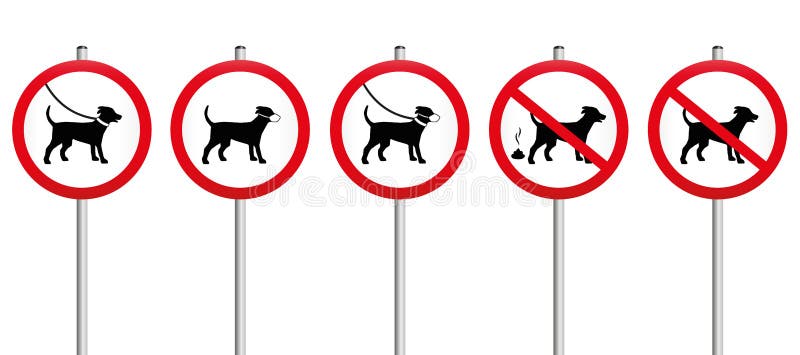 Mandatory signs concerning dogs - like dogs on leash, wearing muzzles, dog dirt, no dogs allowed. vector illustration on white background. Mandatory signs concerning dogs - like dogs on leash, wearing muzzles, dog dirt, no dogs allowed. vector illustration on white background.