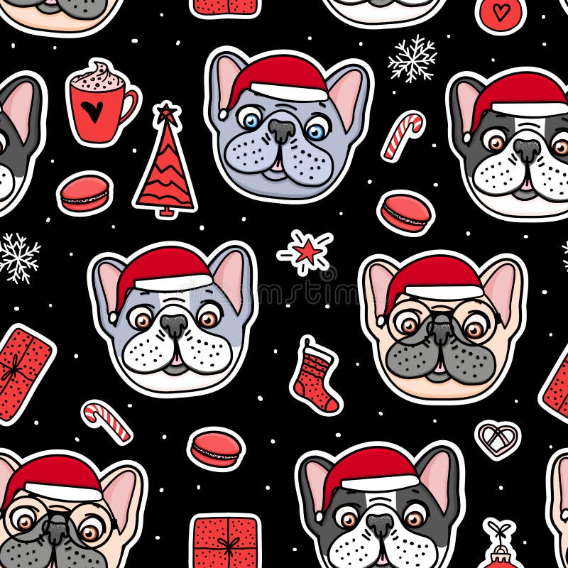 Cães sem emenda do teste padrão em chapéus de Santa do Natal Projeto do feriado da ilustração do vetor Mão francesa e americana d ilustração royalty free Cães sem emenda do teste padrão em chapéus de Santa do Natal Projeto do feriado da ilustração do vetor Mão francesa e americana d ilustração royalty free