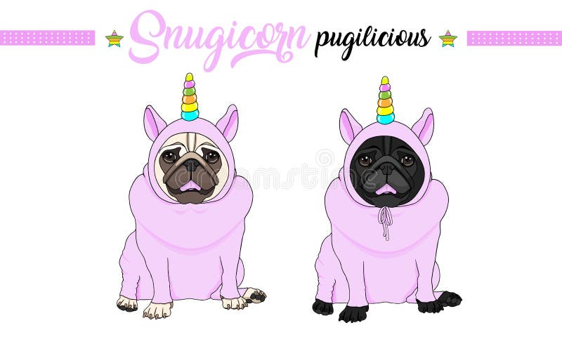 Cão de cachorrinho de sorriso do pug do vetor que senta-se para baixo, fato-macaco cor-de-rosa vestindo com o chifre do unicórnio ilustração do vetor Cão de cachorrinho de sorriso do pug do vetor que senta-se para baixo, fato-macaco cor-de-rosa vestindo com o chifre do unicórnio ilustração do vetor