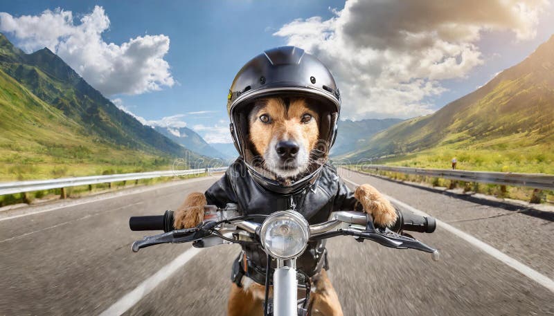 Dog in bike helmet and black leather clother driving motorbike on highway, pet joke ride, transport concept. Dog in bike helmet and black leather clother driving motorbike on highway, pet joke ride, transport concept