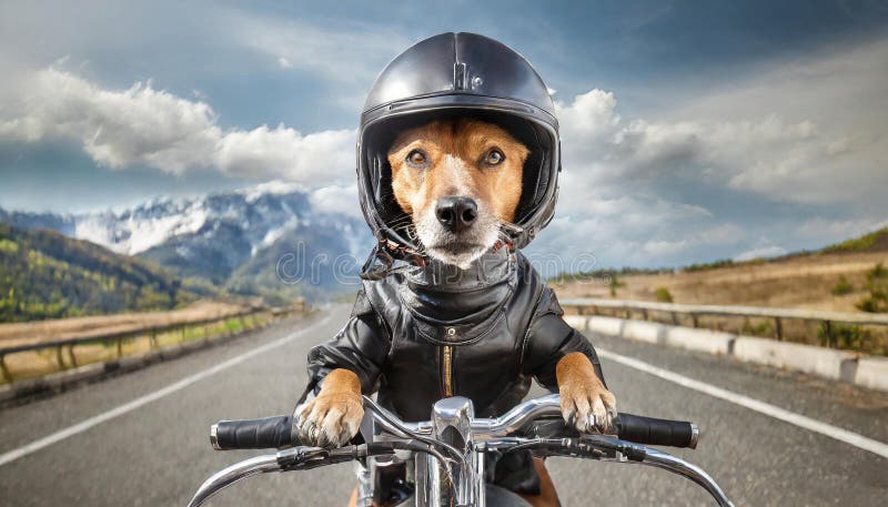 Dog in bike helmet and black leather clother driving motorbike on highway, pet joke ride, transport concept. Dog in bike helmet and black leather clother driving motorbike on highway, pet joke ride, transport concept