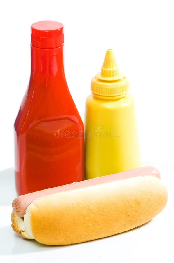 Hot dog with ketchup and mustard on white background. Hot dog with ketchup and mustard on white background