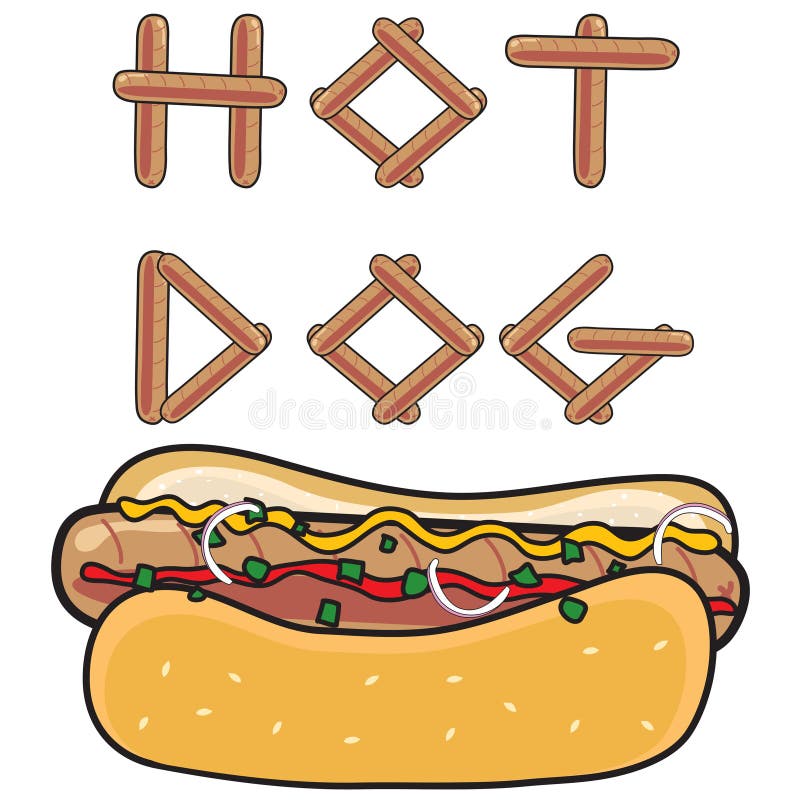 Grilled Hot dog with bun and topping and the word Hot Dog made out of hot dogs. Grilled Hot dog with bun and topping and the word Hot Dog made out of hot dogs