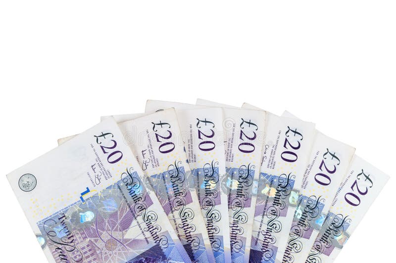 Banknotes of 20 english pounds isolated on white background with clipping path. Banknotes of 20 english pounds isolated on white background with clipping path