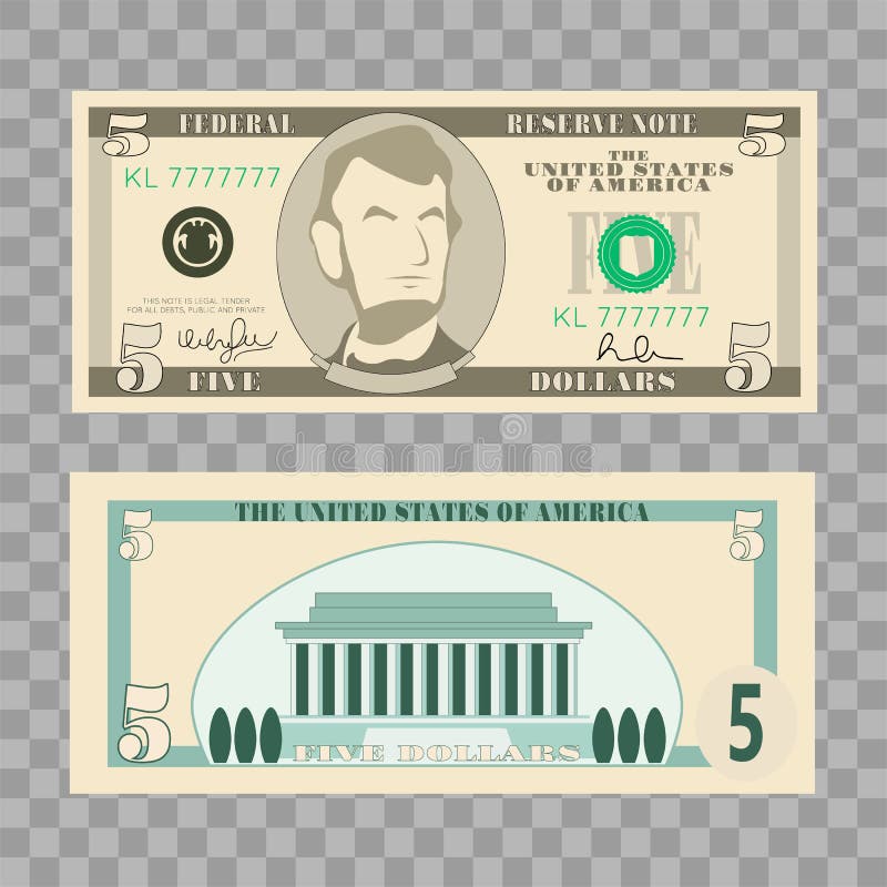Cédulas do dólar, nós contas de dinheiro da moeda - 5 dólares isolados no fundo transparente Ilustração do vetor no plano e nos d ilustração stock Cédulas do dólar, nós contas de dinheiro da moeda - 5 dólares isolados no fundo transparente Ilustração do vetor no plano e nos d ilustração stock