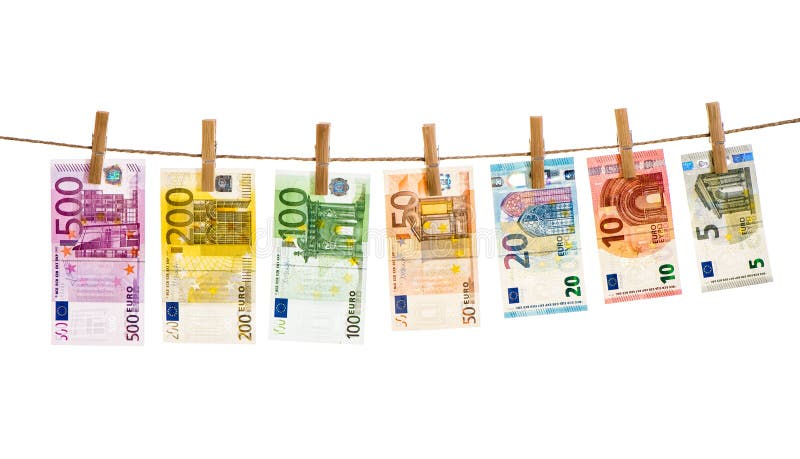 Euro banknotes hanging a rope with clothes pins. Money background. Money laundering concept. Euro banknotes hanging a rope with clothes pins. Money background. Money laundering concept