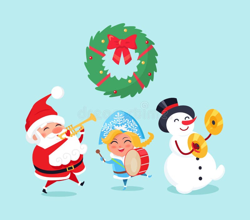 Merry Christmas celebration of Santa Claus and snowman, snow maiden vector. Winter character with music instruments, drums and trumpet caroling songs. Merry Christmas celebration of Santa Claus and snowman, snow maiden vector. Winter character with music instruments, drums and trumpet caroling songs