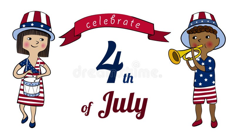 Girl and boy dressed in colors of american flag with drum and trumpet. 4th of July greeting card or banner. Children on USA Independence Day parade. America national celebration vector cartoon design. Girl and boy dressed in colors of american flag with drum and trumpet. 4th of July greeting card or banner. Children on USA Independence Day parade. America national celebration vector cartoon design.