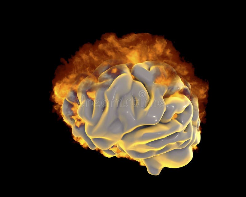 Brain in fire, conceptual image for psychological burnout, 3D illustration. Brain in fire, conceptual image for psychological burnout, 3D illustration