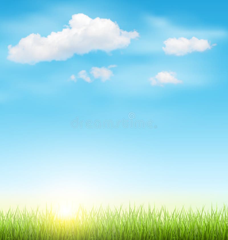 Césped de la hierba verde con las nubes y el sol en el cielo azul libre illustration Césped de la hierba verde con las nubes y el sol en el cielo azul libre illustration