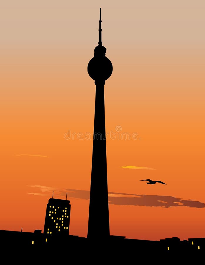 Céu do por do sol do agaist da torre da tevê de Berlim ilustração royalty free Céu do por do sol do agaist da torre da tevê de Berlim ilustração royalty free