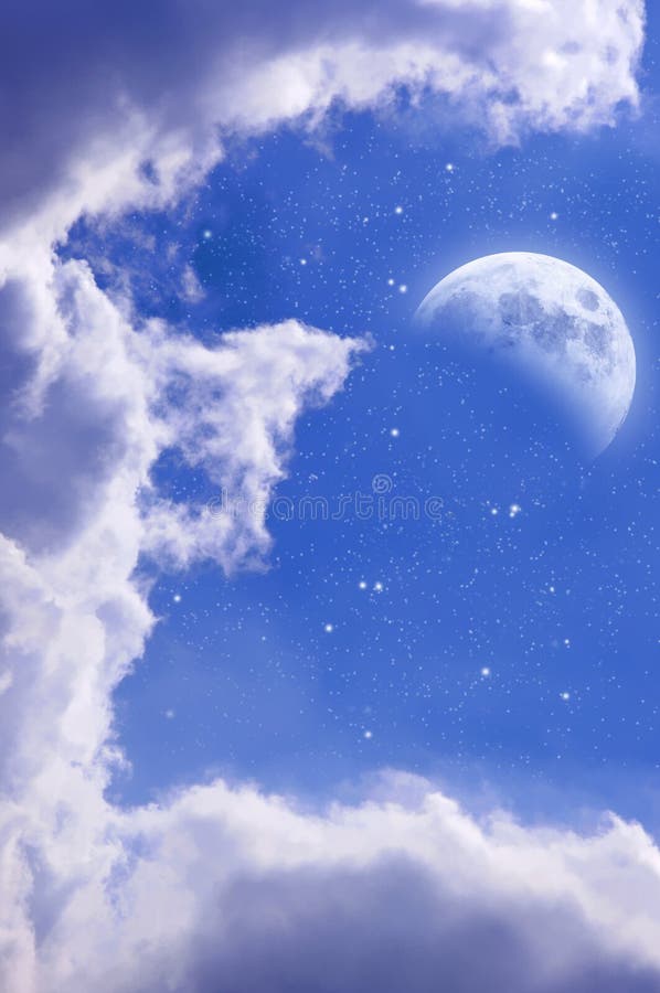 Céu estrelado azul com meia lua imagem de stock Céu estrelado azul com meia lua imagem de stock