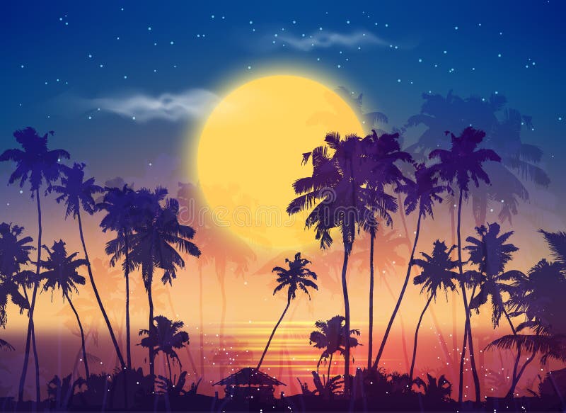 Céu retro da Lua cheia do estilo com silhuetas da palma ilustração do vetor Céu retro da Lua cheia do estilo com silhuetas da palma ilustração do vetor