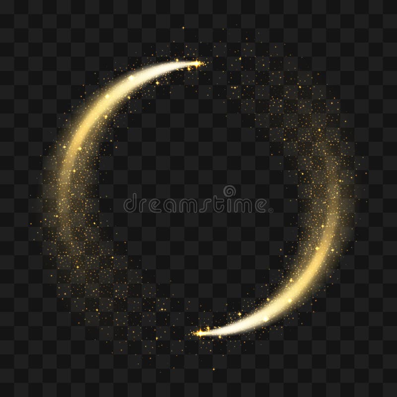 Gold sparkling glitter circle. Vector circle of golden glittering particles with star light trail and shine glow on transparent background. Gold sparkling glitter circle. Vector circle of golden glittering particles with star light trail and shine glow on transparent background