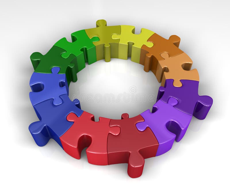 Colorful jigsaw puzzle interconnected in a circle. 3D rendered reflective on white background. Colorful jigsaw puzzle interconnected in a circle. 3D rendered reflective on white background