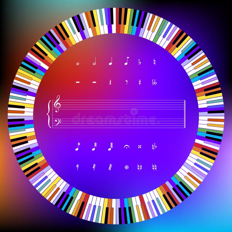 Círculo de las llaves del piano y de los símbolos de música coloreados ilustración del vector Círculo de las llaves del piano y de los símbolos de música coloreados ilustración del vector