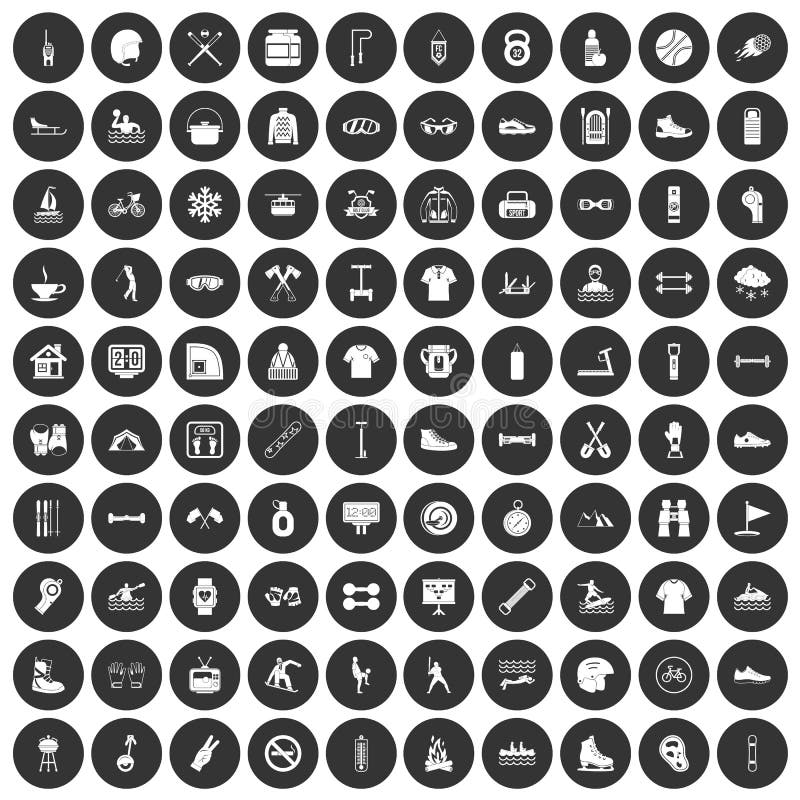 100 sport life icons set in simple style white on black circle color isolated on white background vector illustration. 100 sport life icons set in simple style white on black circle color isolated on white background vector illustration