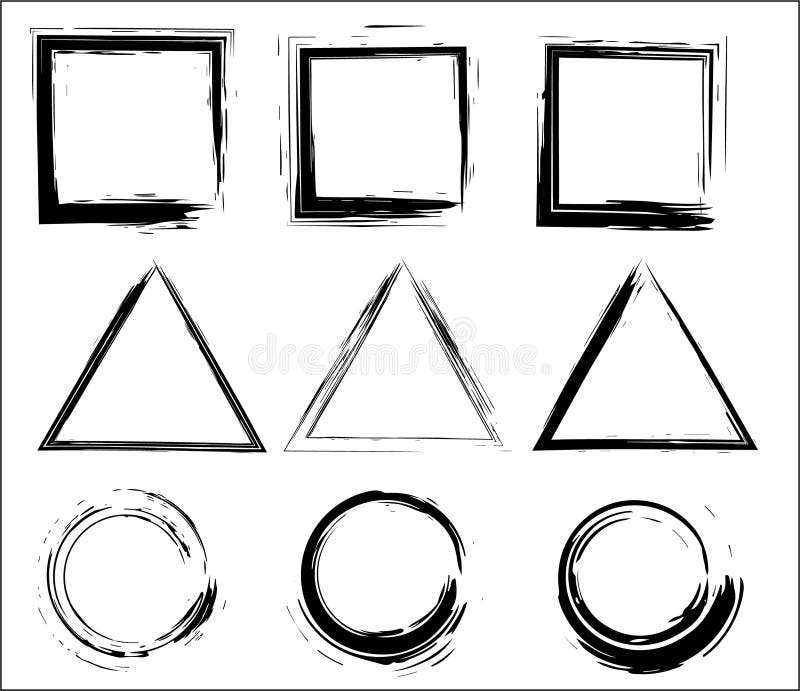 Círculos, triángulos y rectángulos del vector del Grunge Movimientos del cepillo fijados stock de ilustración Círculos, triángulos y rectángulos del vector del Grunge Movimientos del cepillo fijados stock de ilustración