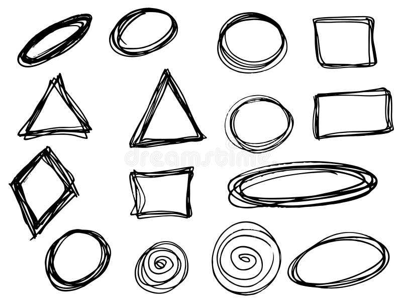 Círculos, triângulos e retângulos do vetor da garatuja Grupo tirado mão ilustração stock Círculos, triângulos e retângulos do vetor da garatuja Grupo tirado mão ilustração stock