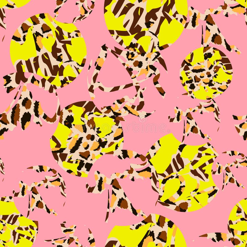 Círculos verdes amarelos brilhantes com contornos pontudos como pele de animal em fundo rosa ilustração stock Círculos verdes amarelos brilhantes com contornos pontudos como pele de animal em fundo rosa ilustração stock