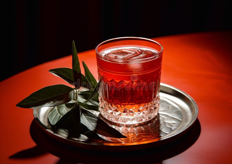 Cóctel de campari amargo con hielo en mesa redonda en el bar loungemacroai generativo