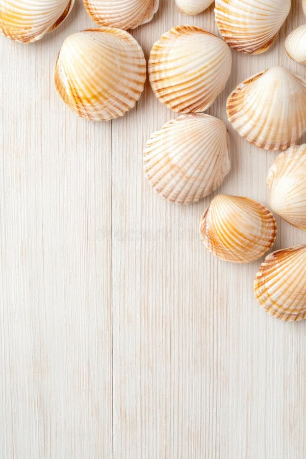 Cócteles y conchas frescos expuestos en la superficie de madera rústica, resaltando las texturas naturales y los elementos brillan. Cockles y conchas descansan sobre una superficie rústica de madera que exhibe sus intrincados patrones y su aspecto brillante. La iluminación tenue realza la belleza natural de este manjar de marisco. generado por IA