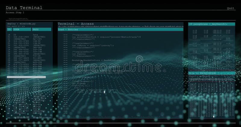Código de programación y acceso de terminal de datos a través de la cuadrícula digital y la imagen de onda stock de ilustración