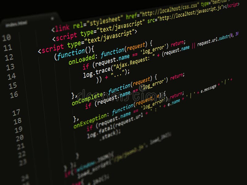 Código, JavaScript en el editor de texto imágenes de archivo libres de regalías