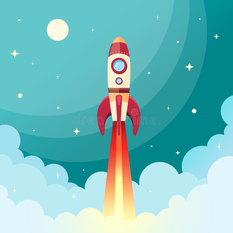 Space rocket flying in space with moon and stars on background print vector illustration. Space rocket flying in space with moon and stars on background print vector illustration