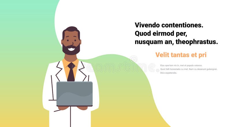 Cópia horizontal lisa do hospital em linha afro-americano do trabalhador das clínicas médicas da consulta do laptop da posse do d ilustração royalty free Cópia horizontal lisa do hospital em linha afro-americano do trabalhador das clínicas médicas da consulta do laptop da posse do d ilustração royalty free