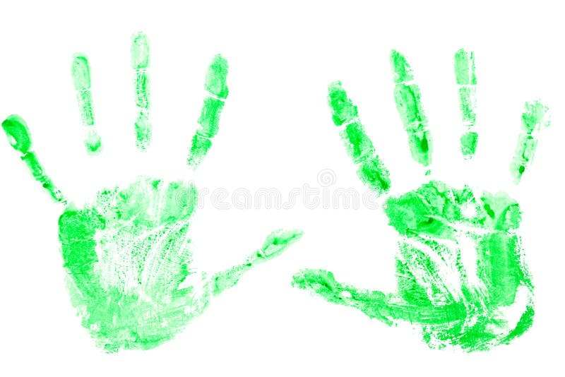 Cópias da pintura verde das mãos, palmas em um fundo branco imagens de stock Cópias da pintura verde das mãos, palmas em um fundo branco imagens de stock