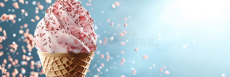 Strawberry ice cream cone with pink sprinkles, falling particles against blue background banner. Panoramic web header. Wide screen wallpaper. AI generated. Strawberry ice cream cone with pink sprinkles, falling particles against blue background banner. Panoramic web header. Wide screen wallpaper. AI generated