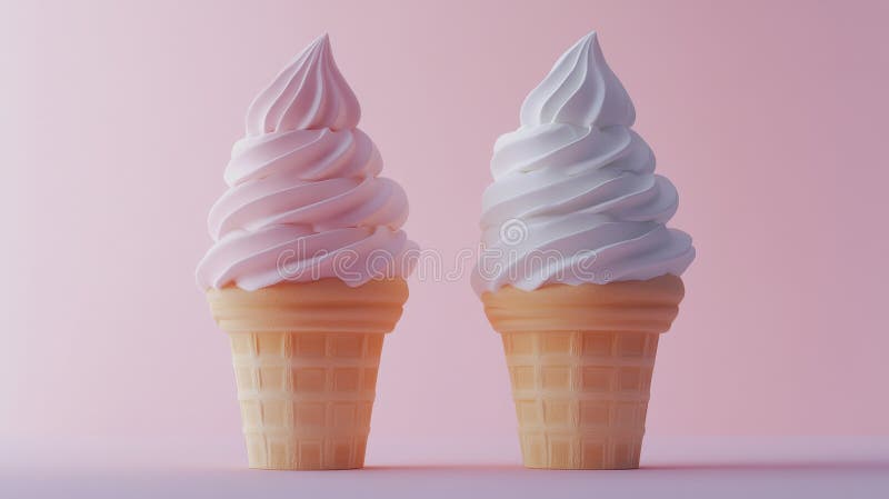 Cônes de glace crémeux sur fond lisse. Deux délicieux cônes glacés à la crème glacée douce servie sur un fond lisse et vibrant évoquent des sentiments de joie d'été et des douceurs rafraîchissantes. ai généré