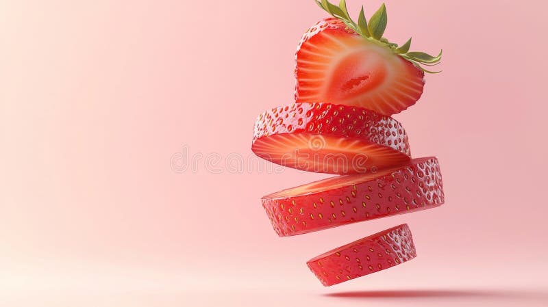 Căpșuni proaspete suculente tăiate în felii și plutind pe un fundal roz vibrant, creând un aspect atrăgător și minimalist royalty free stock images
