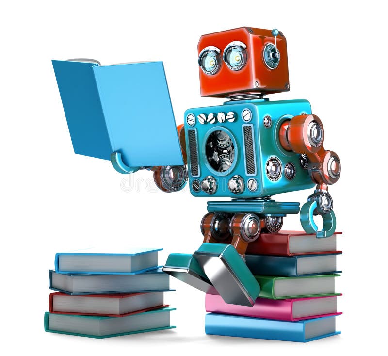Cărți de lectură retro-robot. ilustrație 3d izolată. conține stock illustration