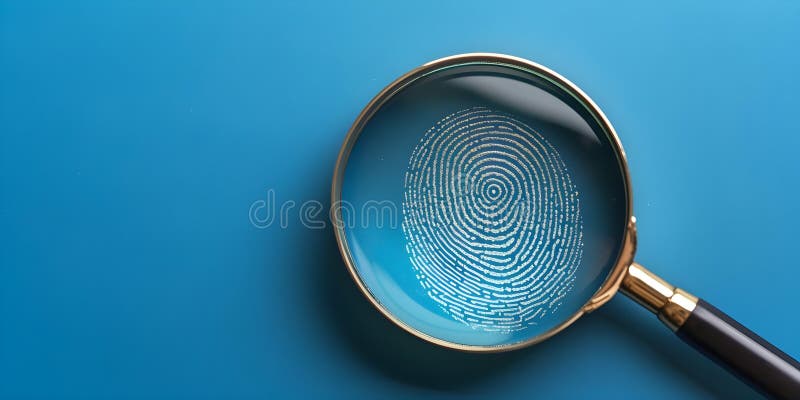Căutare îmbunătățită a identității biometrice simbolizată printr-un înveliș de lupă pe o amprentă vector illustration