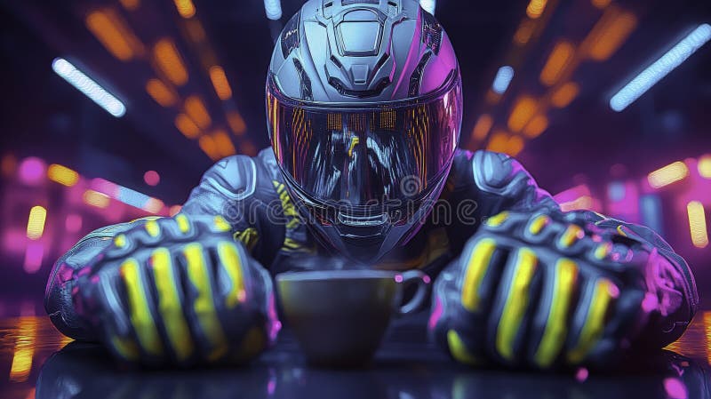 Căști futuriste luminoase și mănuși cu o ceașcă de abur în neon vibrant vector illustration