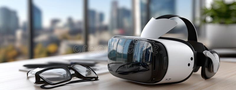 Căștile VR 3D afișează vizualizări de date vibrante pe o masă de birou elegantă încadrată de un spațiu de lucru modern și de un or vector illustration
